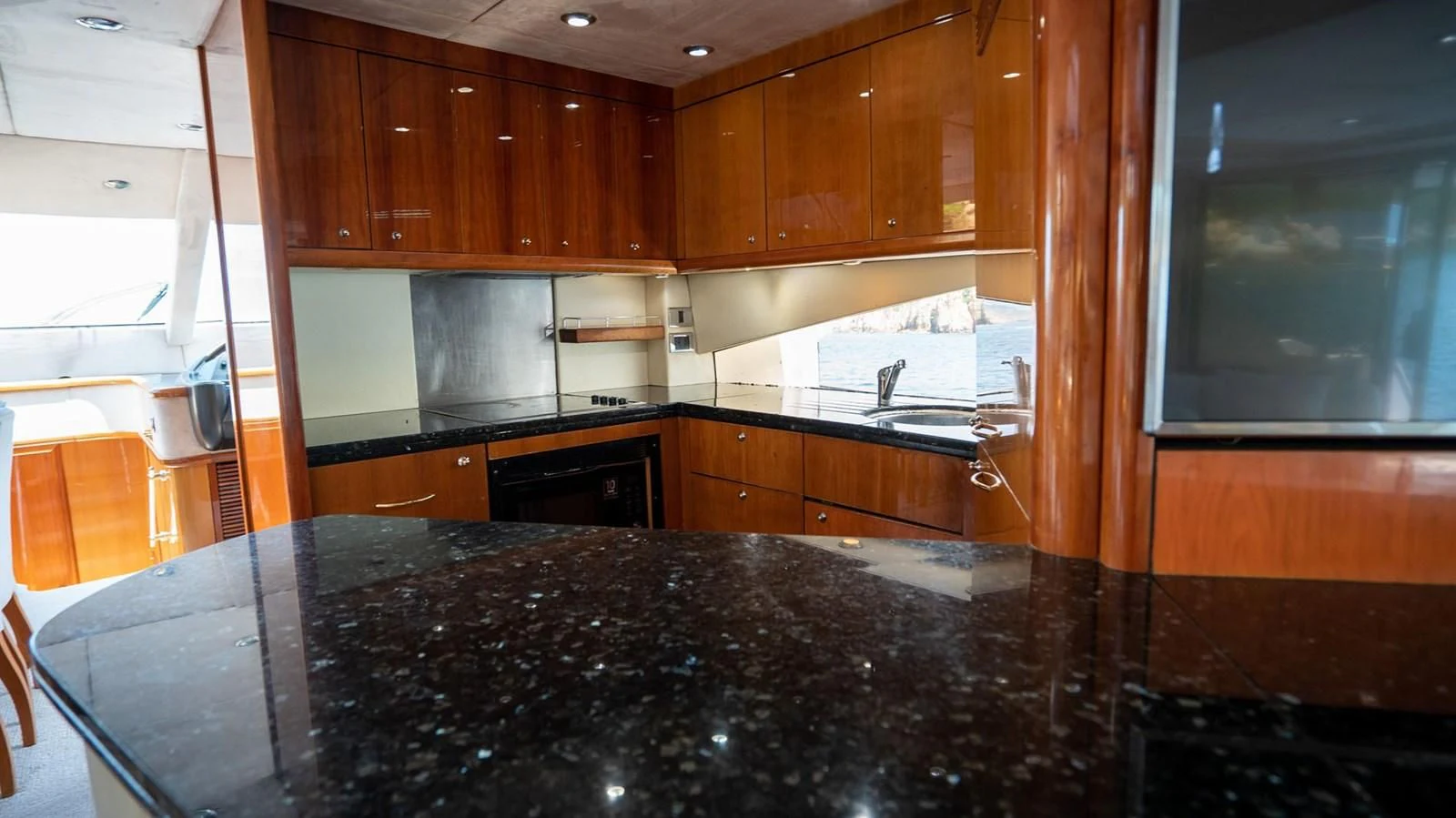 a kitchen with a large marble counter top aboard HAN SOLO Yacht for Sale