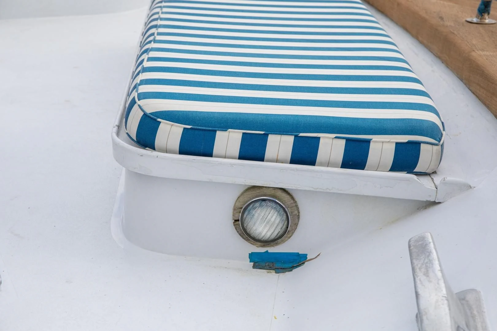 a stack of blue and white striped boxes aboard ZANTINO III Yacht for Sale