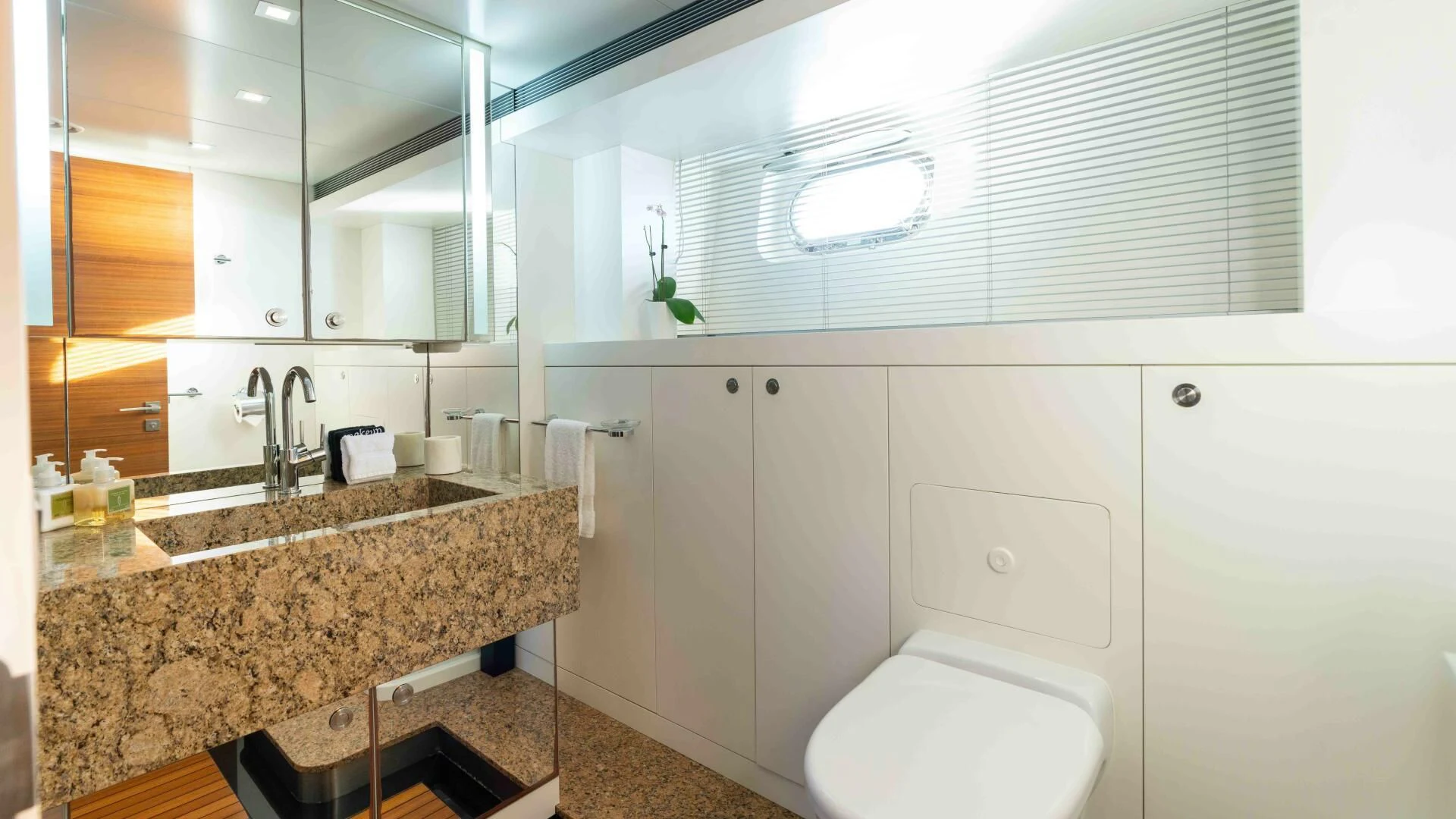 a bathroom with a sink and a toilet aboard SEA AXIS Yacht for Charter