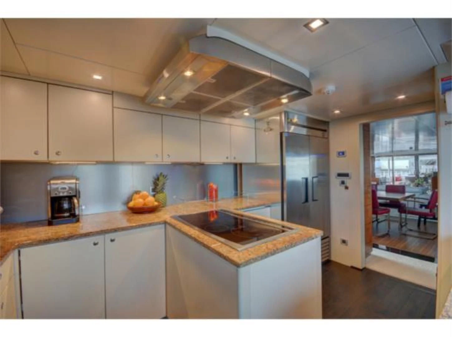 a kitchen with a large ceiling aboard SEA AXIS Yacht for Charter