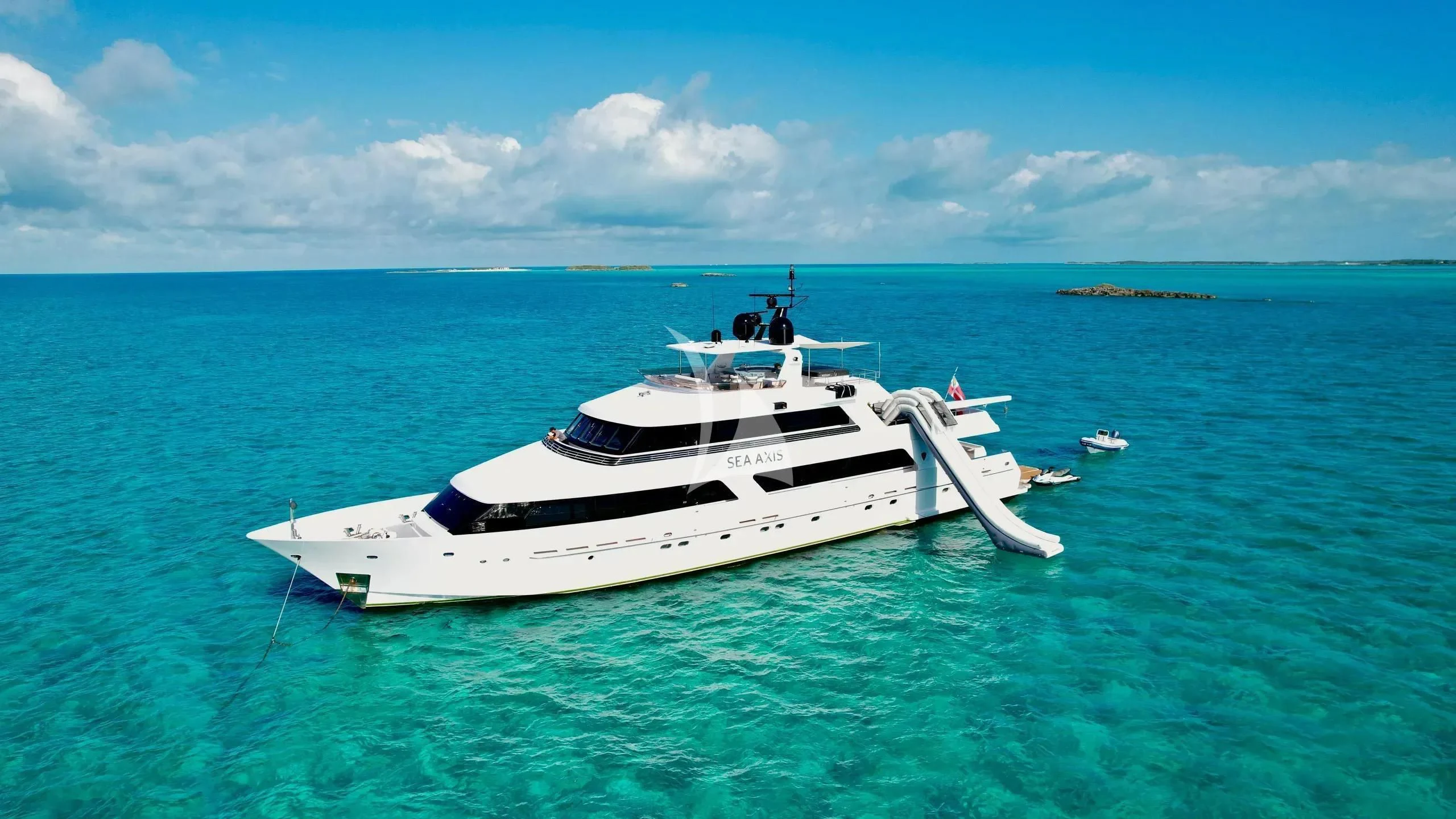 a white yacht in the ocean aboard SEA AXIS Yacht for Charter