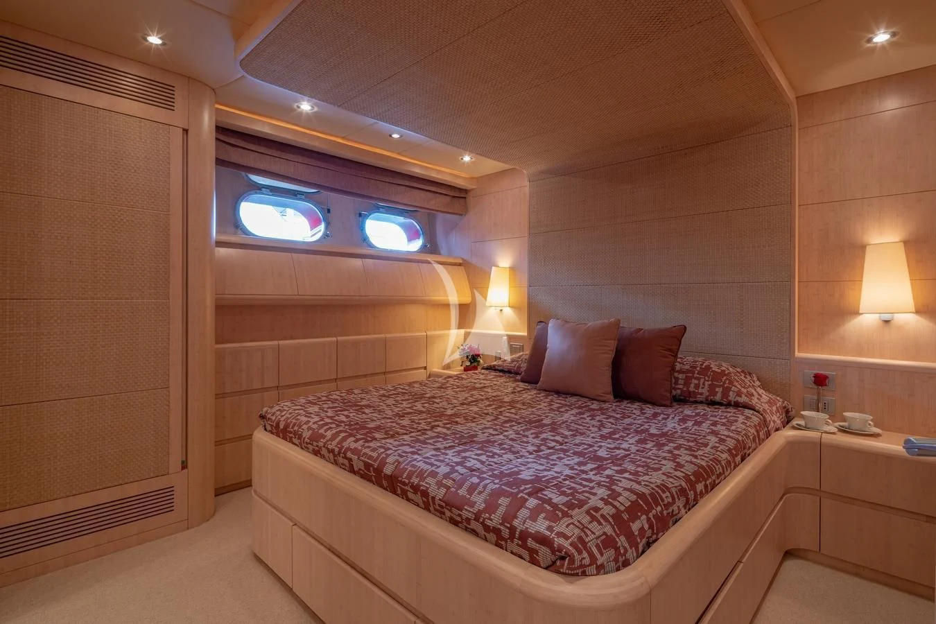 a bed in a room aboard GLAROS Yacht for Sale
