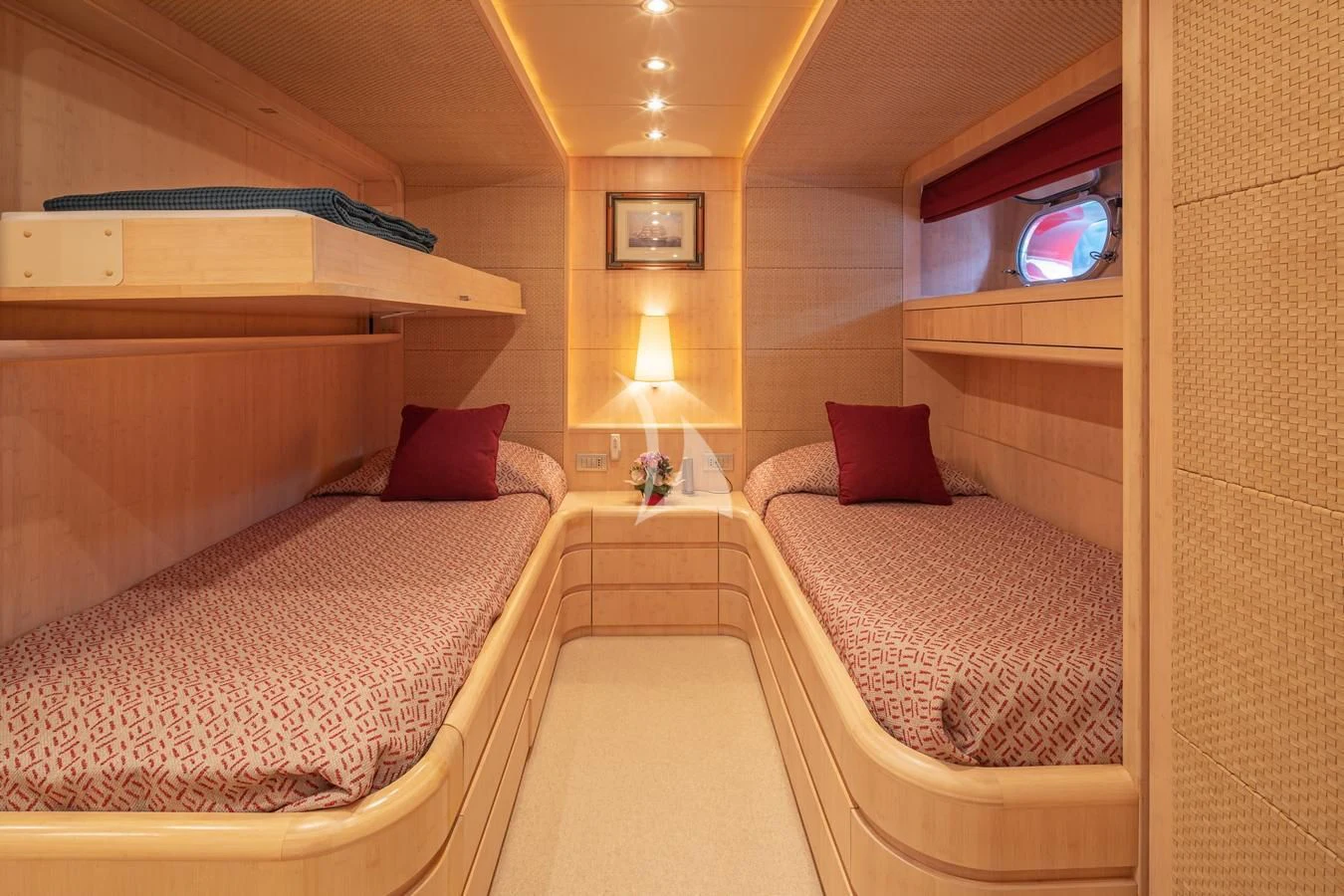 a room with two beds aboard GLAROS Yacht for Sale