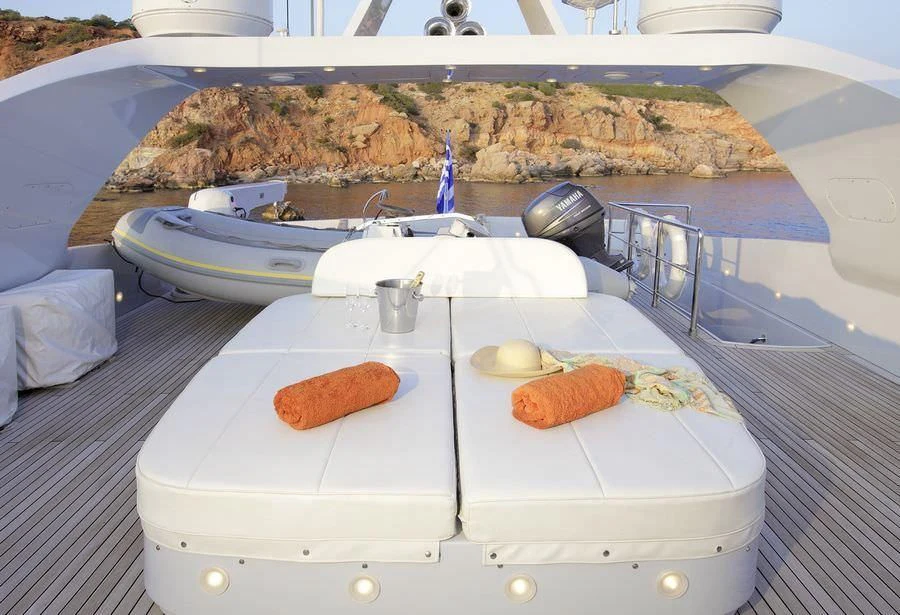 a hot dog and a plate of food on a boat aboard GLAROS Yacht for Sale
