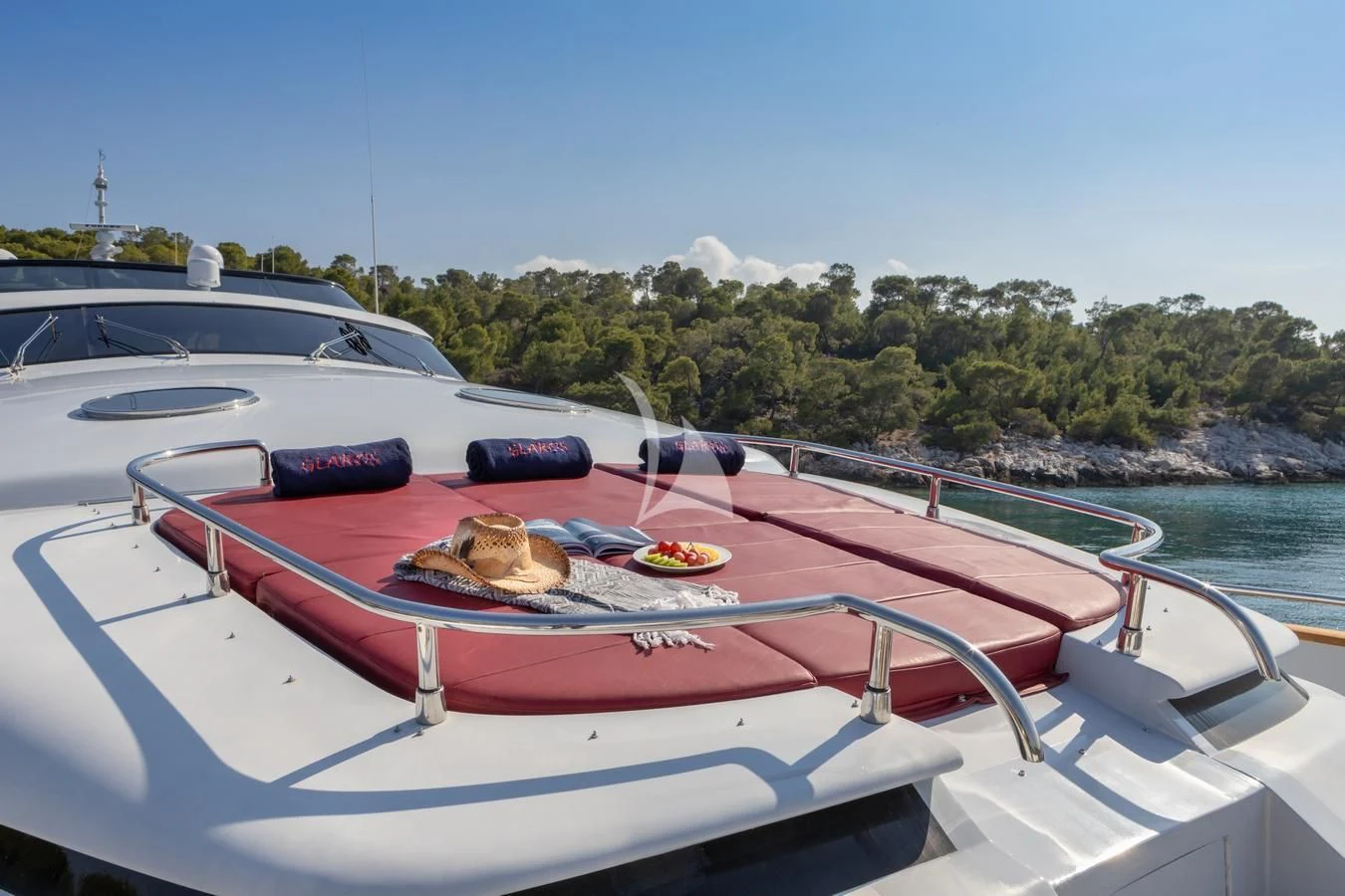 a boat with food on it aboard GLAROS Yacht for Sale
