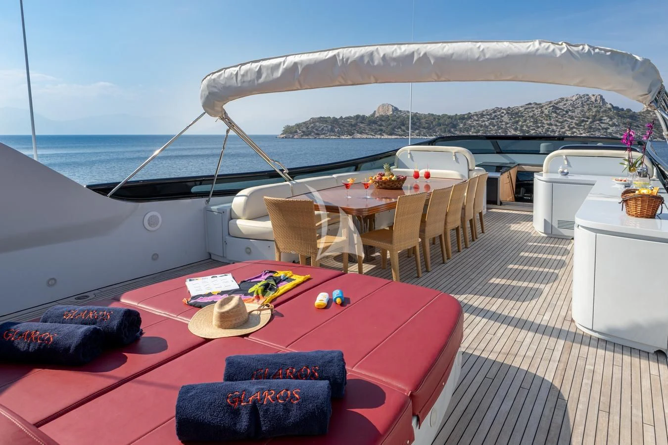 a table with food on it aboard GLAROS Yacht for Sale