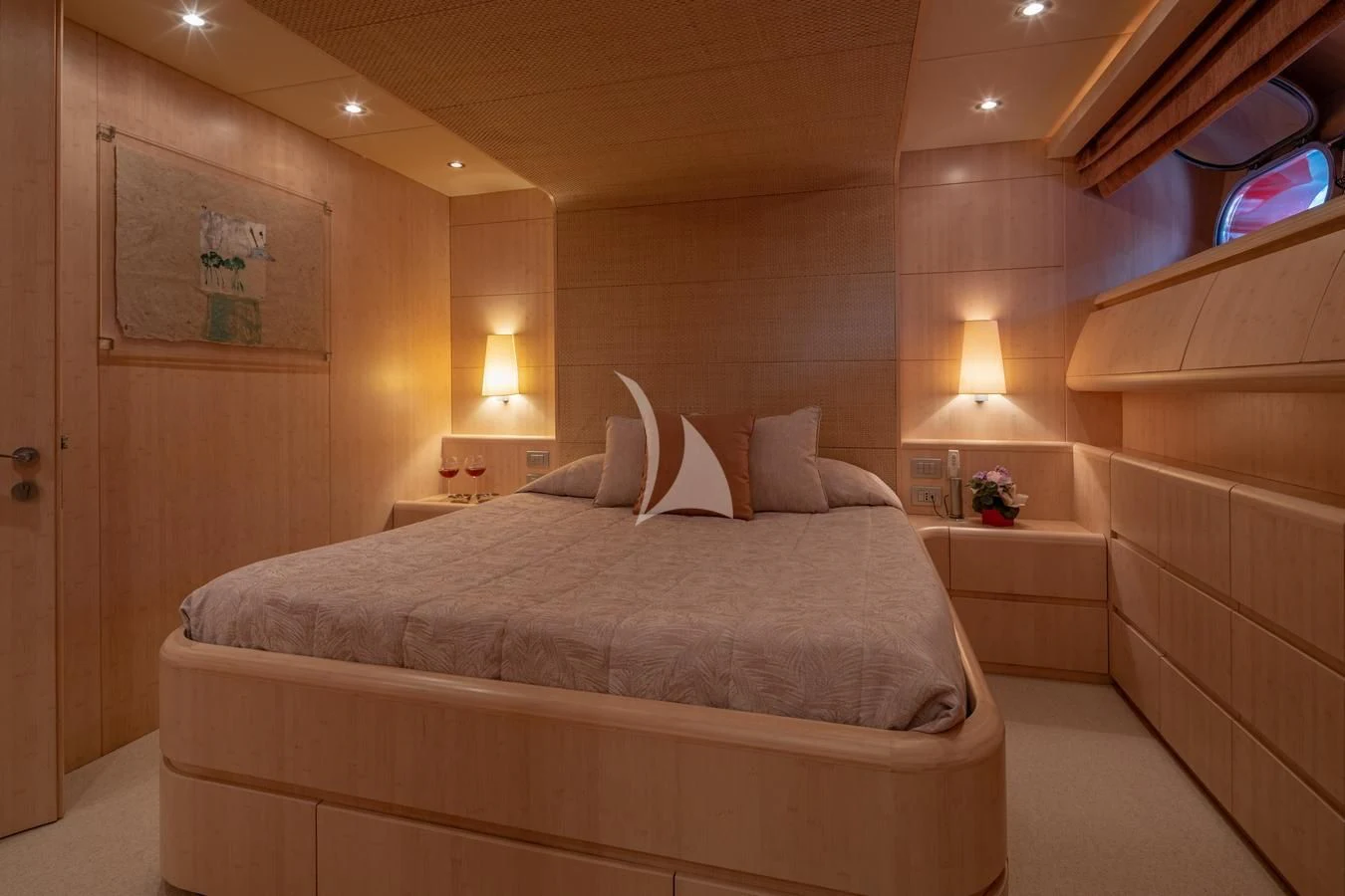 a bed in a room aboard GLAROS Yacht for Sale