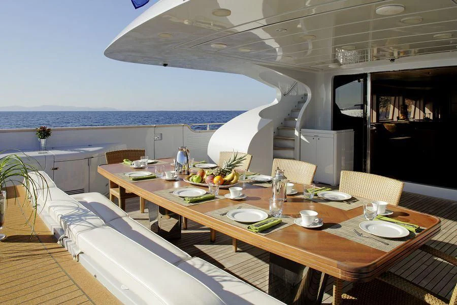 a table with plates and cups on it aboard GLAROS Yacht for Sale