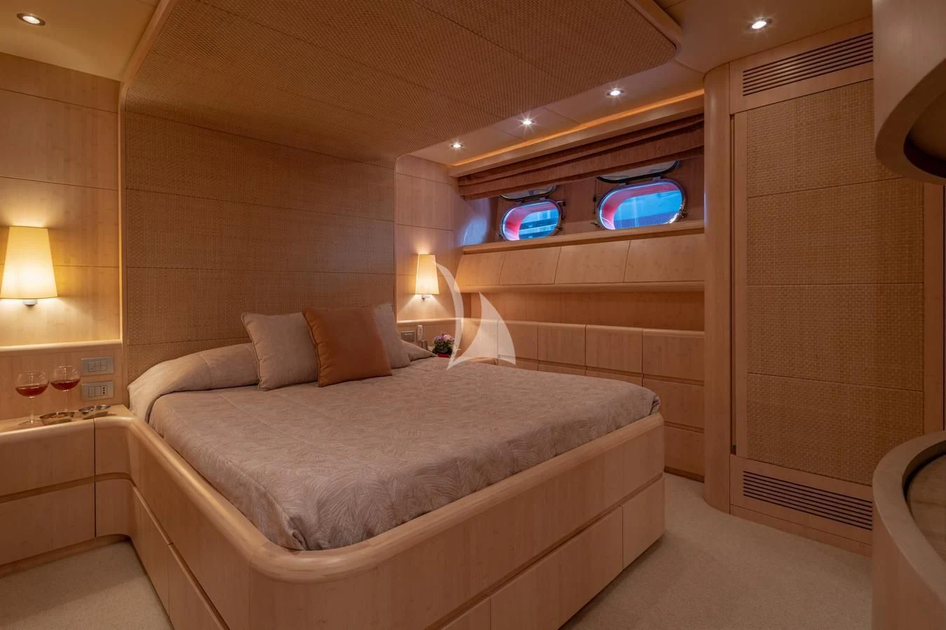 a bed in a room aboard GLAROS Yacht for Sale