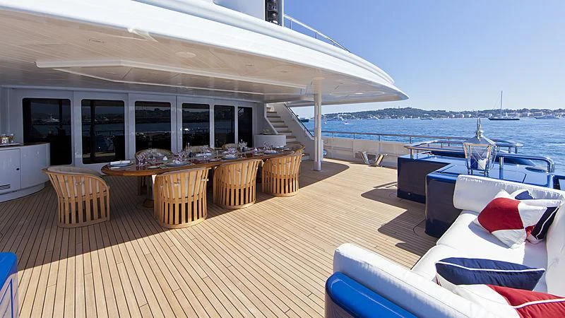 a deck with a large deck and a large body of water aboard SARAH Yacht for Sale