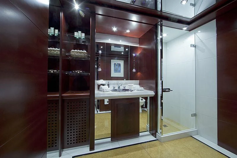 a bathroom with a sink and a mirror aboard SARAH Yacht for Sale