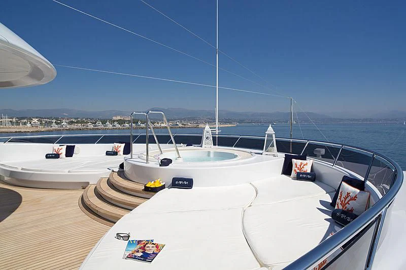 a table with a white tablecloth and a white tablecloth with a white tablecloth and a aboard SARAH Yacht for Sale