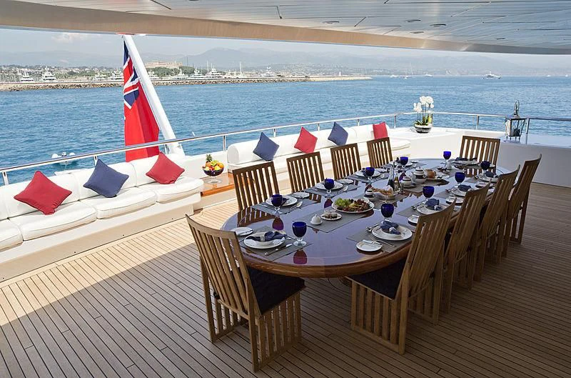 a table set for a meal on a deck overlooking the ocean aboard SARAH Yacht for Sale