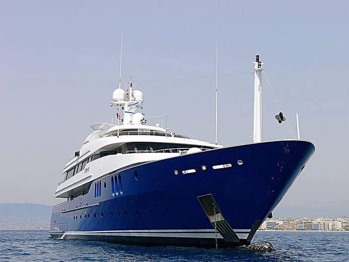 a large blue and white boat aboard SARAH Yacht for Sale