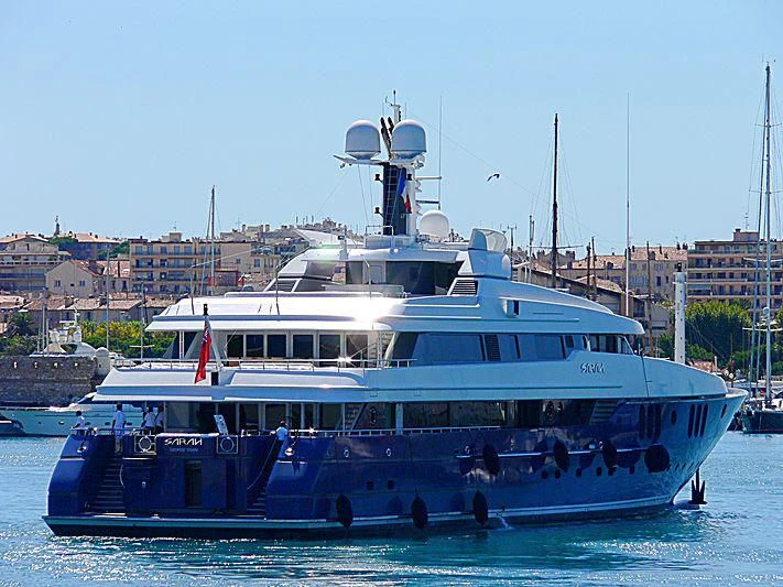 a large blue and white boat aboard SARAH Yacht for Sale