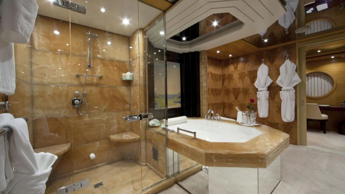 a bathroom with a large marble counter aboard SARAH Yacht for Sale