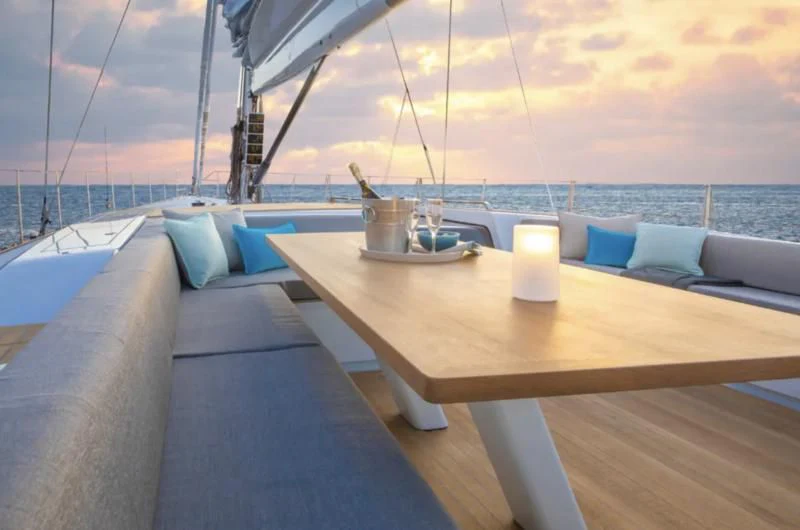 a table on a boat aboard AMMONITE Yacht for Sale
