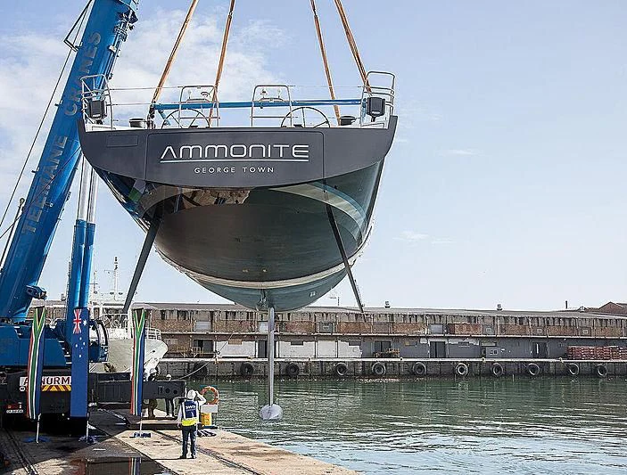 a large ship docked aboard AMMONITE Yacht for Sale
