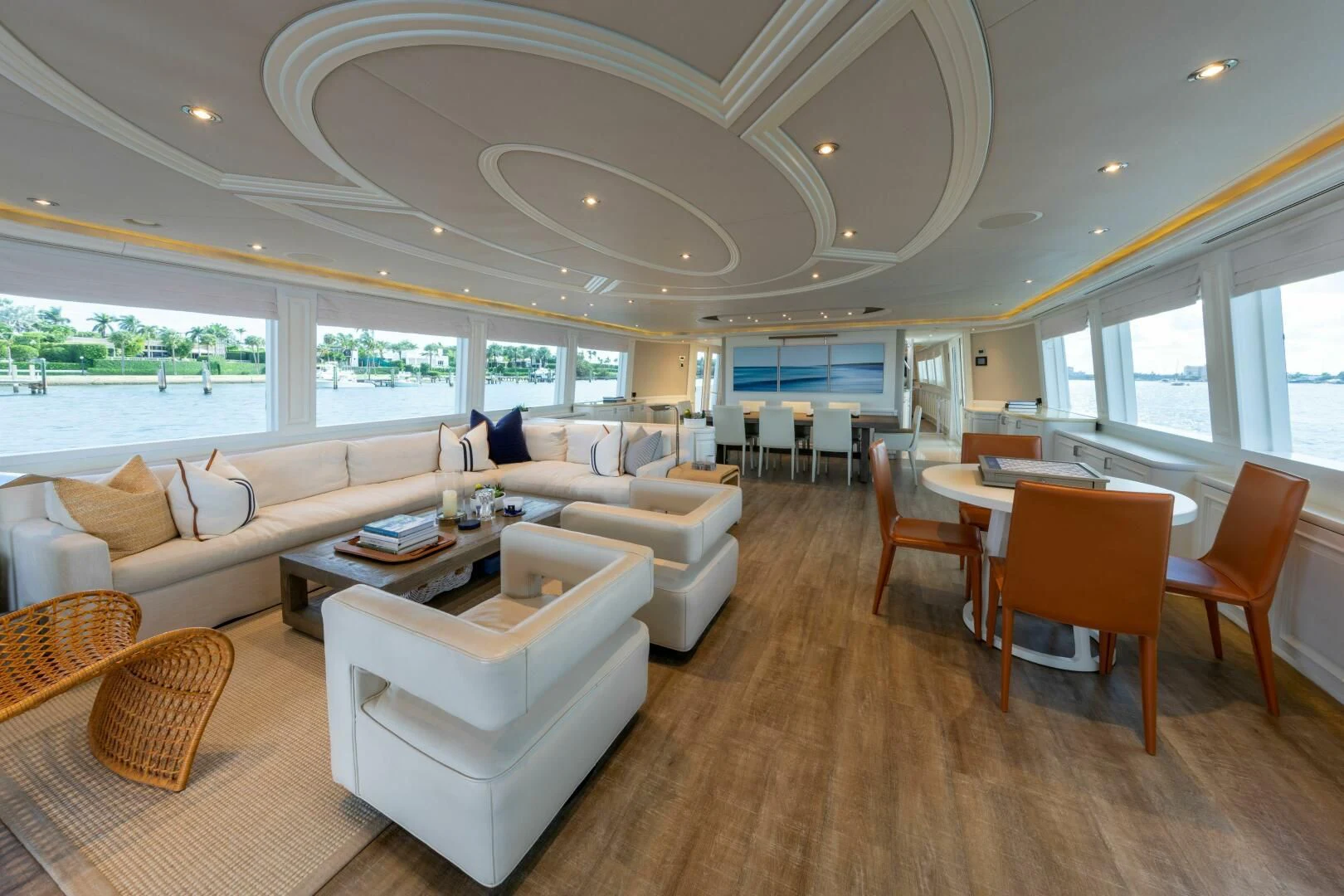 a living room with a large open floor plan aboard LIBERTAS Yacht for Sale