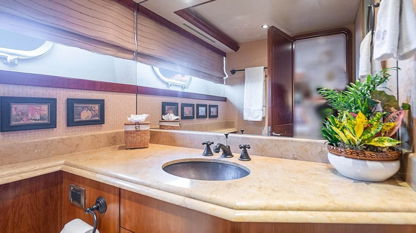 a bathroom with a sink and a plant in the corner aboard KEMOSABE Yacht for Charter
