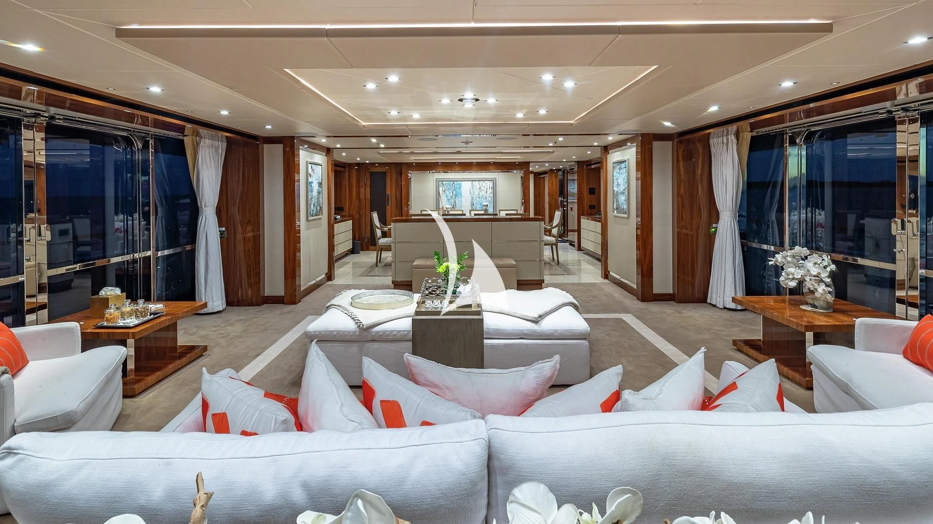 a large living room with a large window aboard ALESSANDRA III Yacht for Charter