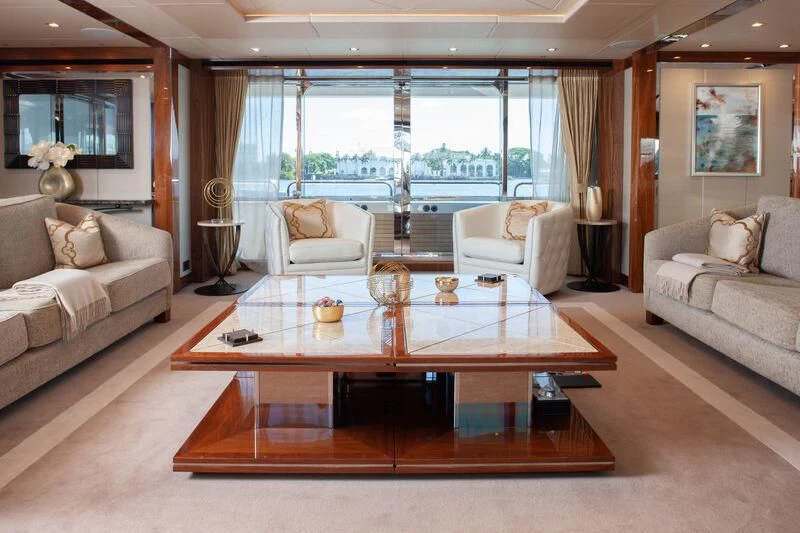 a living room with a large window aboard ALESSANDRA III Yacht for Charter