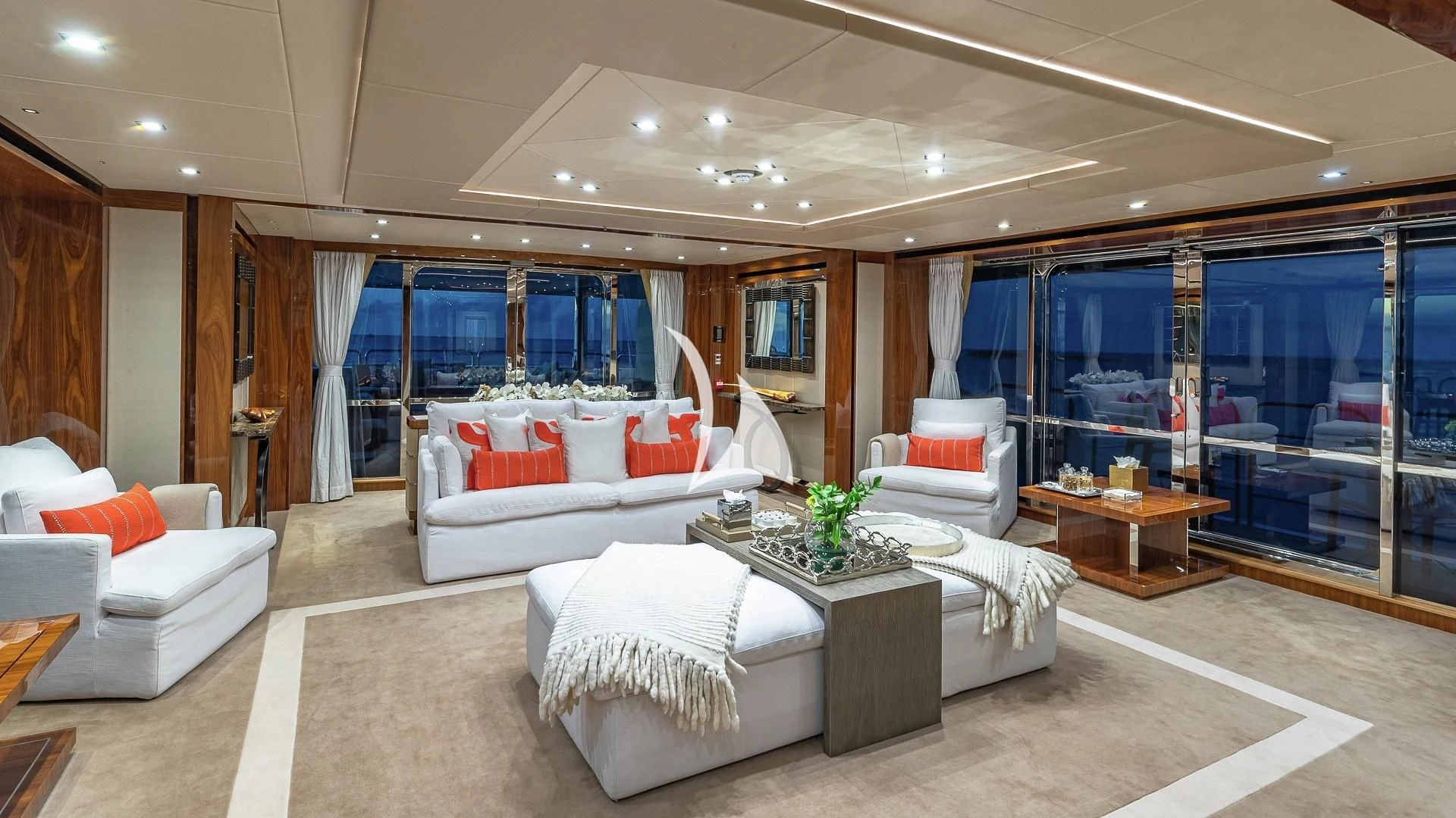 a living room with a large window aboard ALESSANDRA III Yacht for Charter