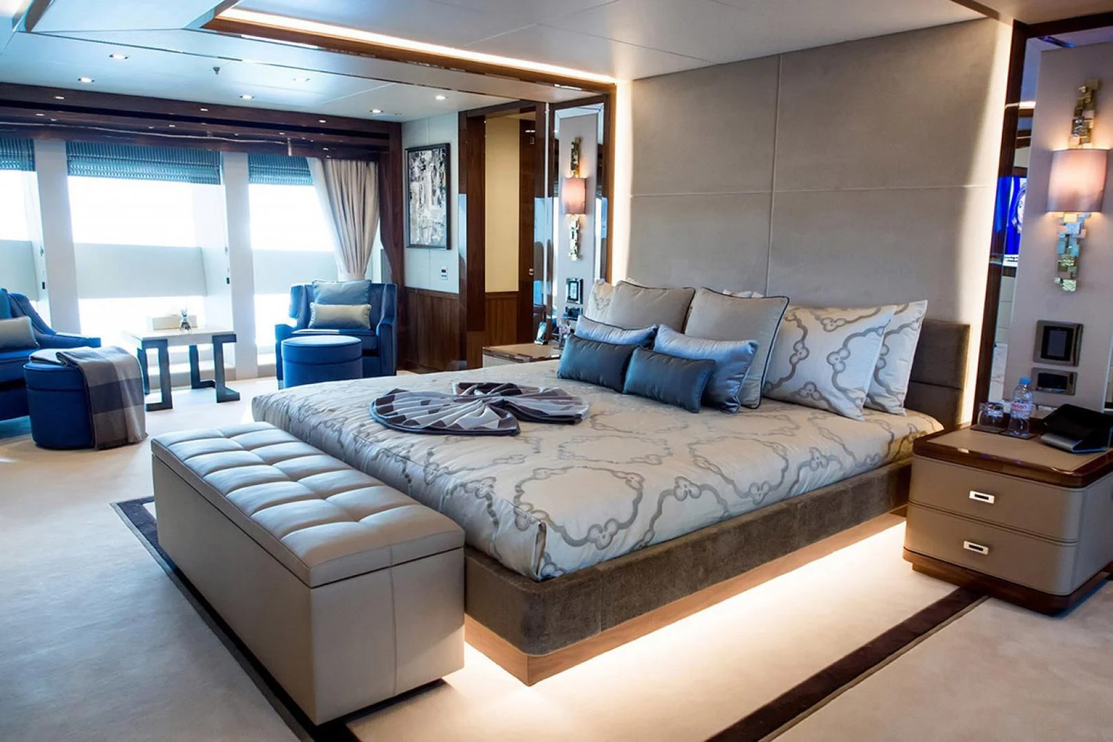 a large bed in a room aboard ALESSANDRA III Yacht for Charter