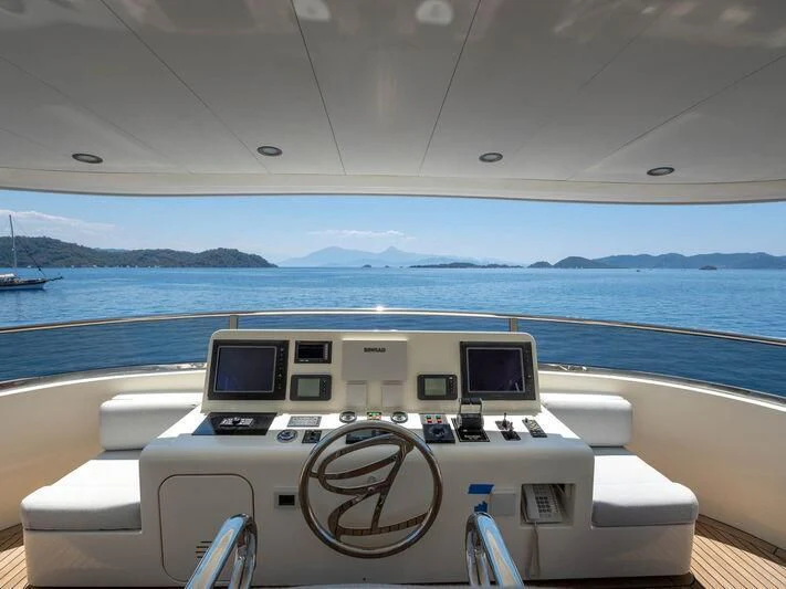 a boat with a view of the ocean and land below aboard BANDIDO I Yacht for Sale