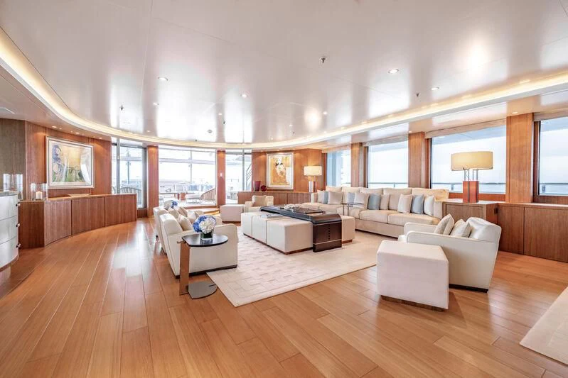 a living room with a large window aboard FELIX Yacht for Sale