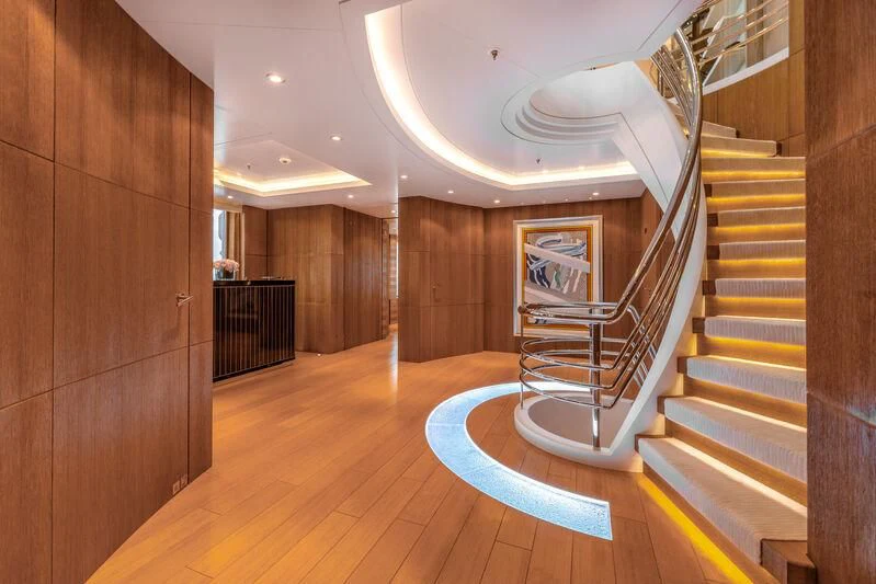a long hallway with a staircase aboard FELIX Yacht for Sale