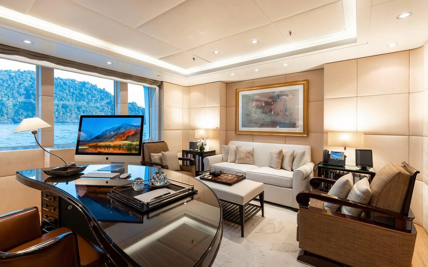 a living room with a large window aboard FELIX Yacht for Sale