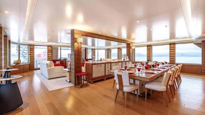 a large kitchen and dining room aboard FELIX Yacht for Sale