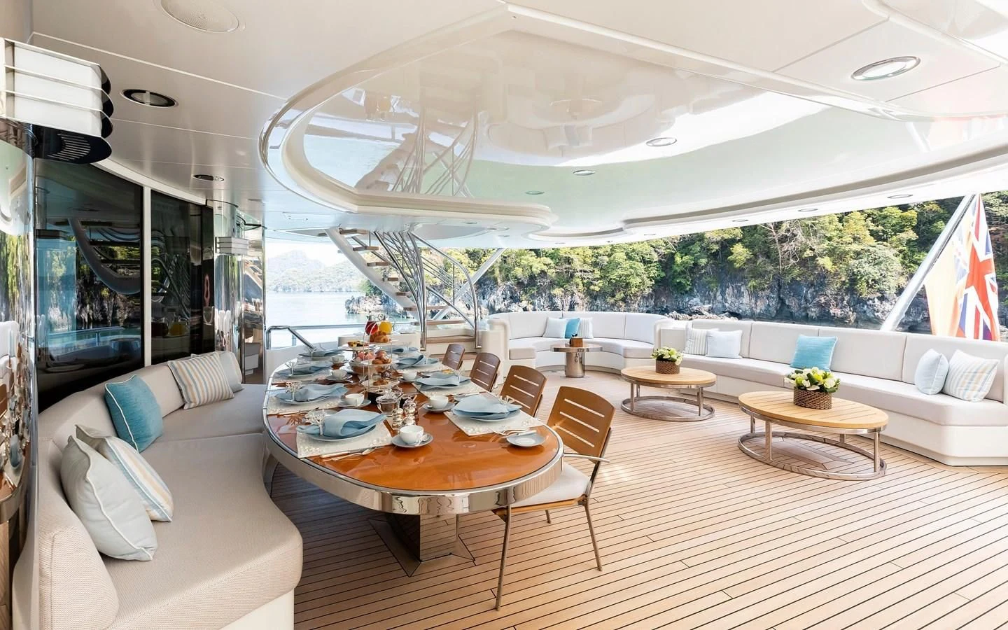 a living room with a large glass ceiling aboard FELIX Yacht for Sale