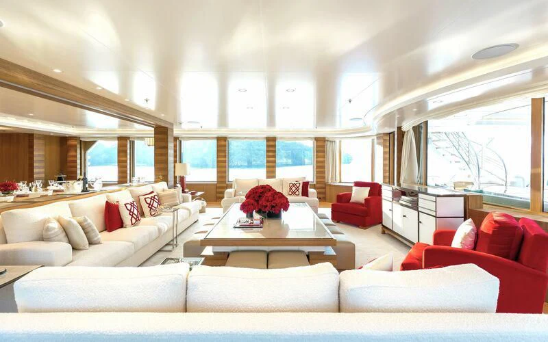 a living room with a large window aboard FELIX Yacht for Sale