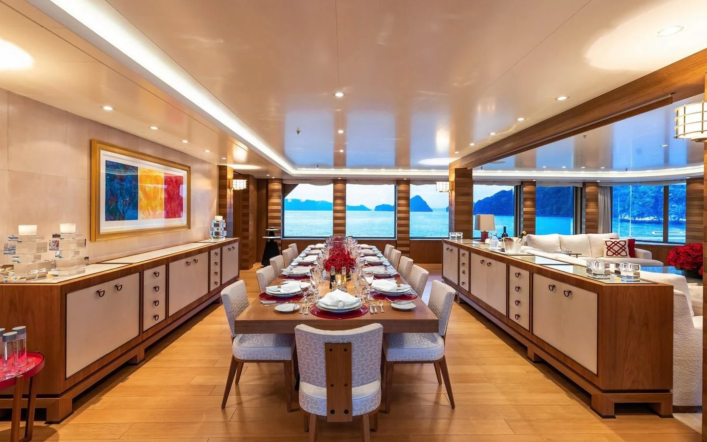 a large kitchen with a dining table aboard FELIX Yacht for Sale
