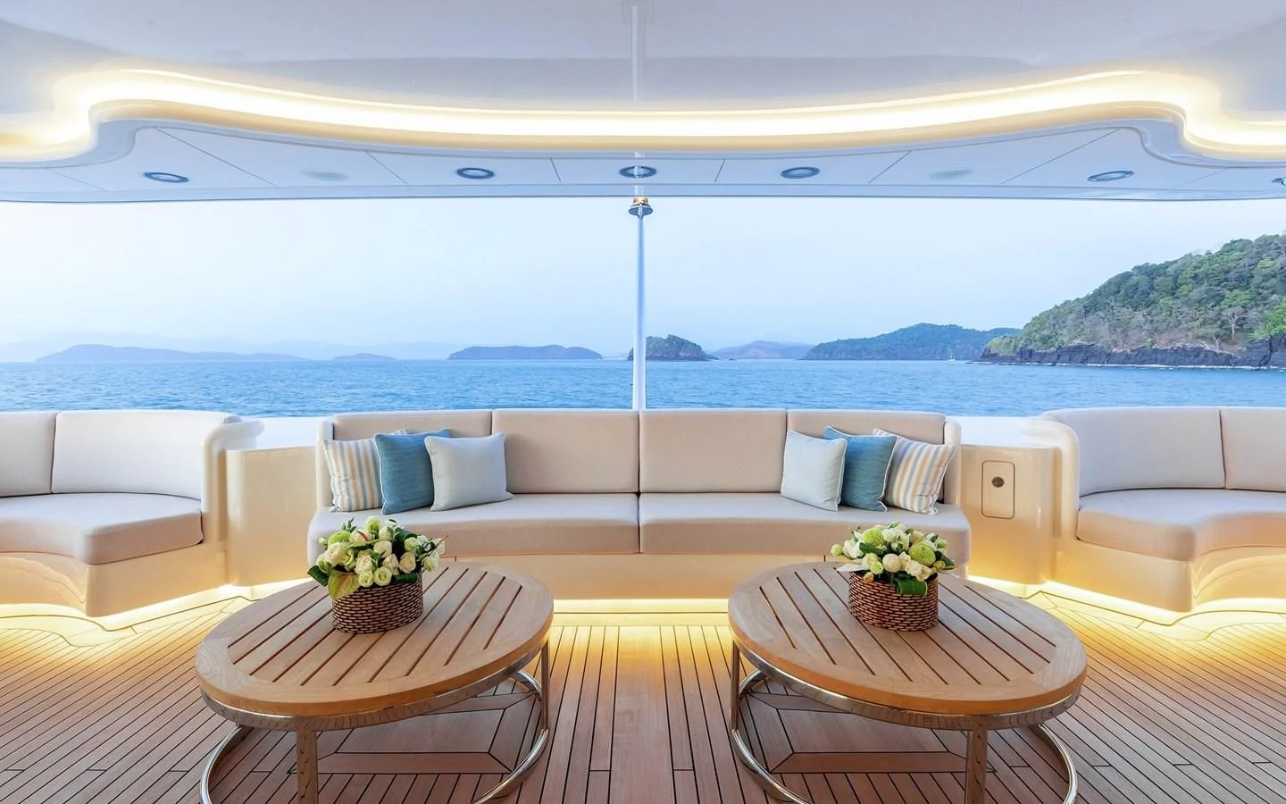 a living room with a large window aboard FELIX Yacht for Sale