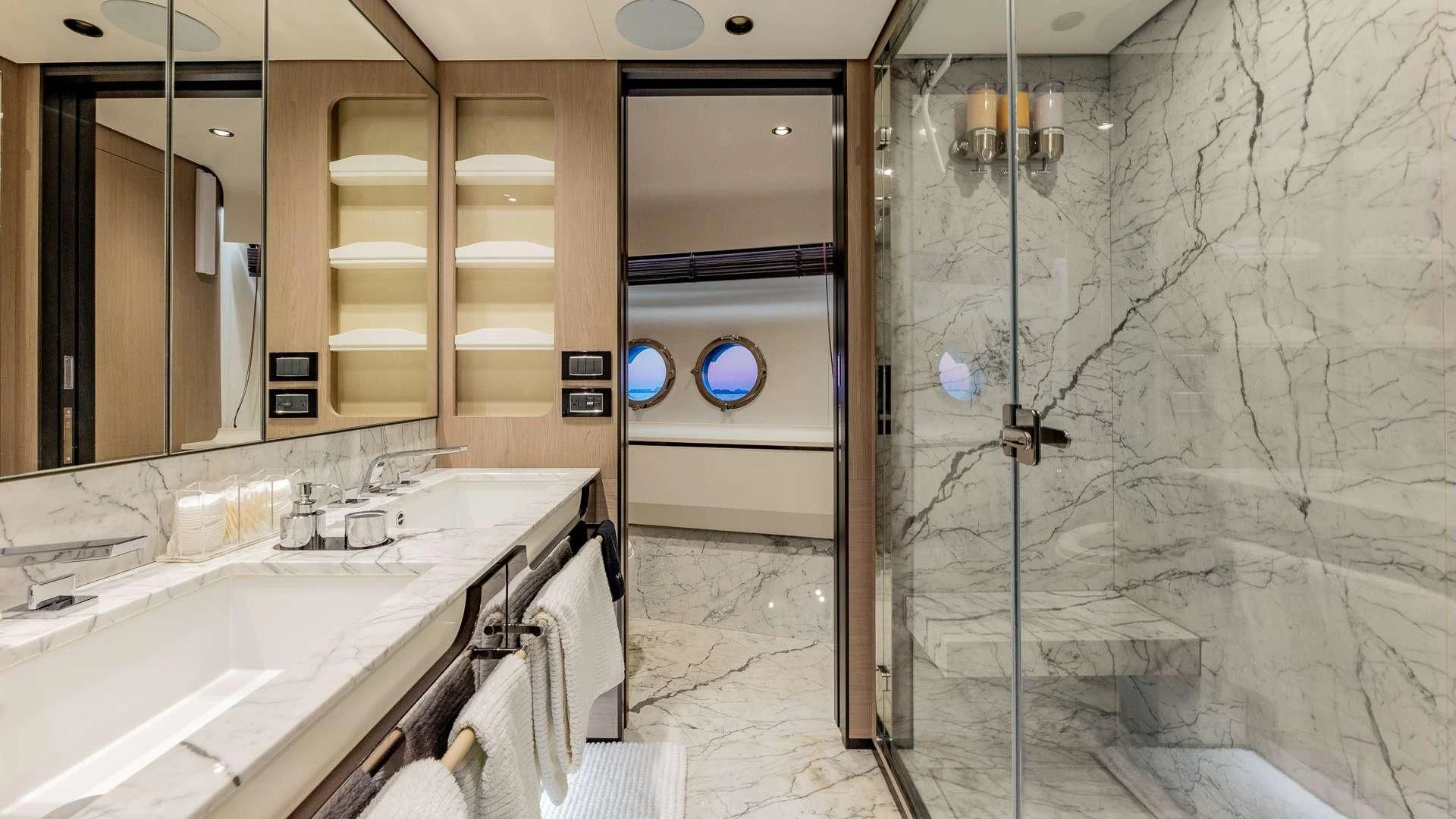 a bathroom with a shower aboard CAPTAIN MORGAN II Yacht for Sale