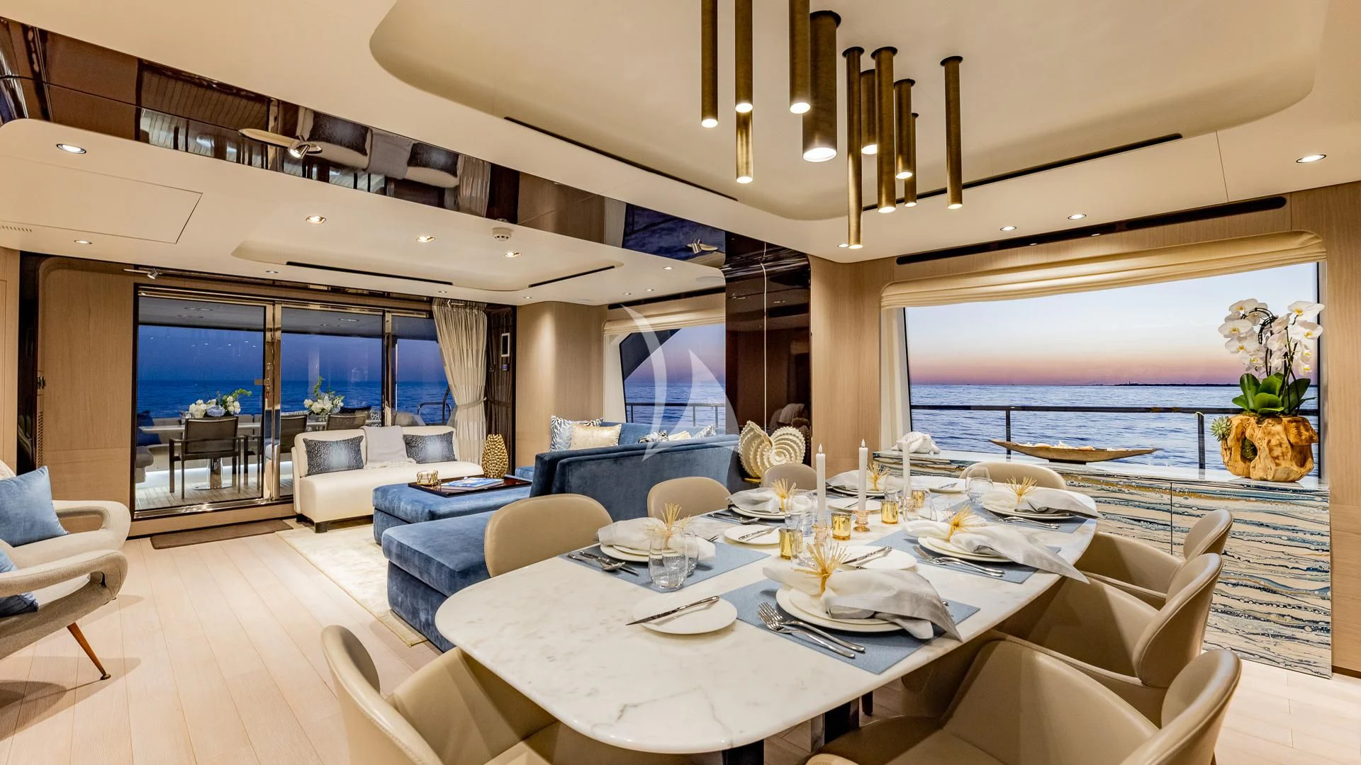 a large modern living room aboard CAPTAIN MORGAN II Yacht for Sale