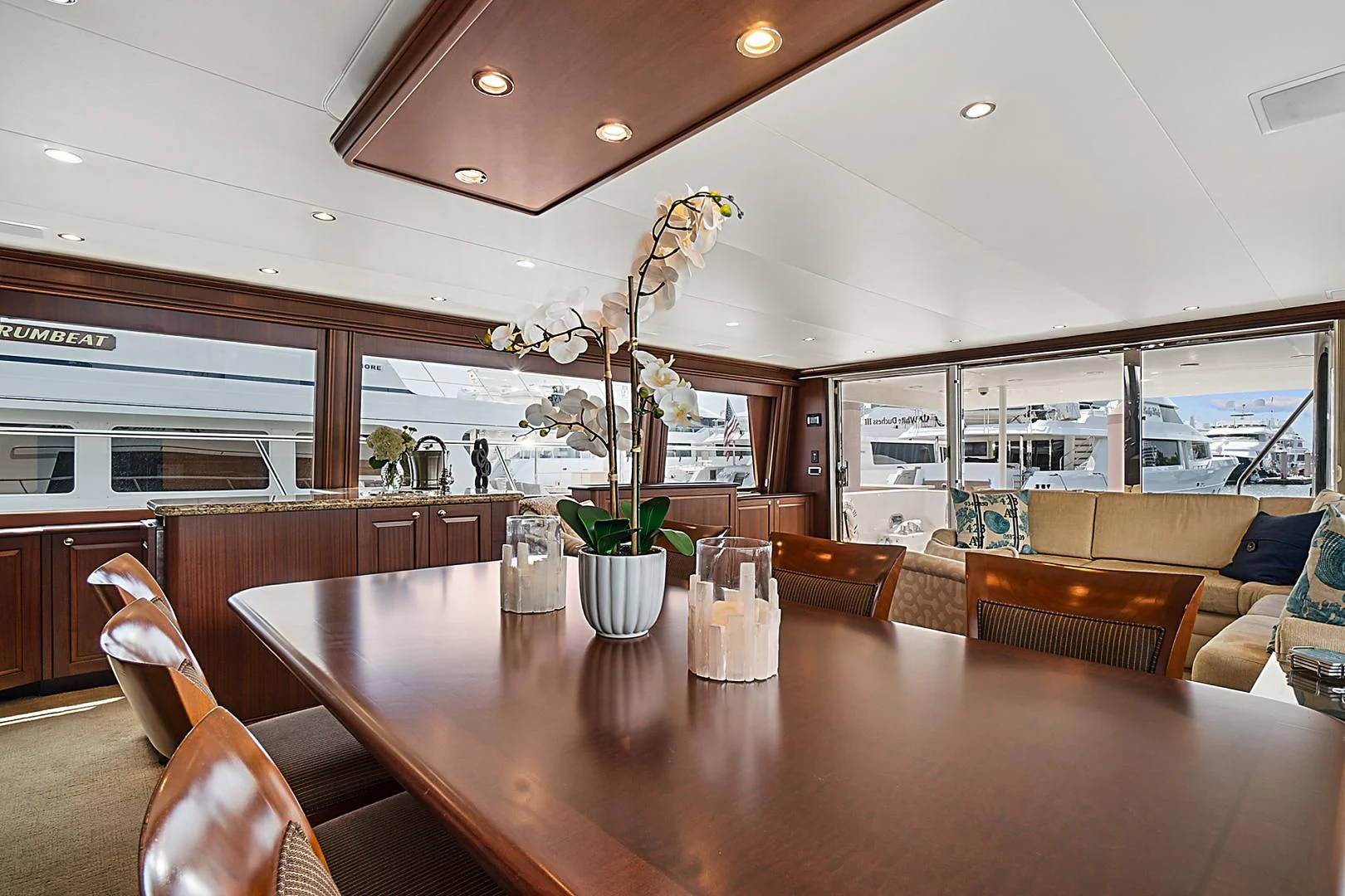 a large dining room table aboard LADY B Yacht for Sale