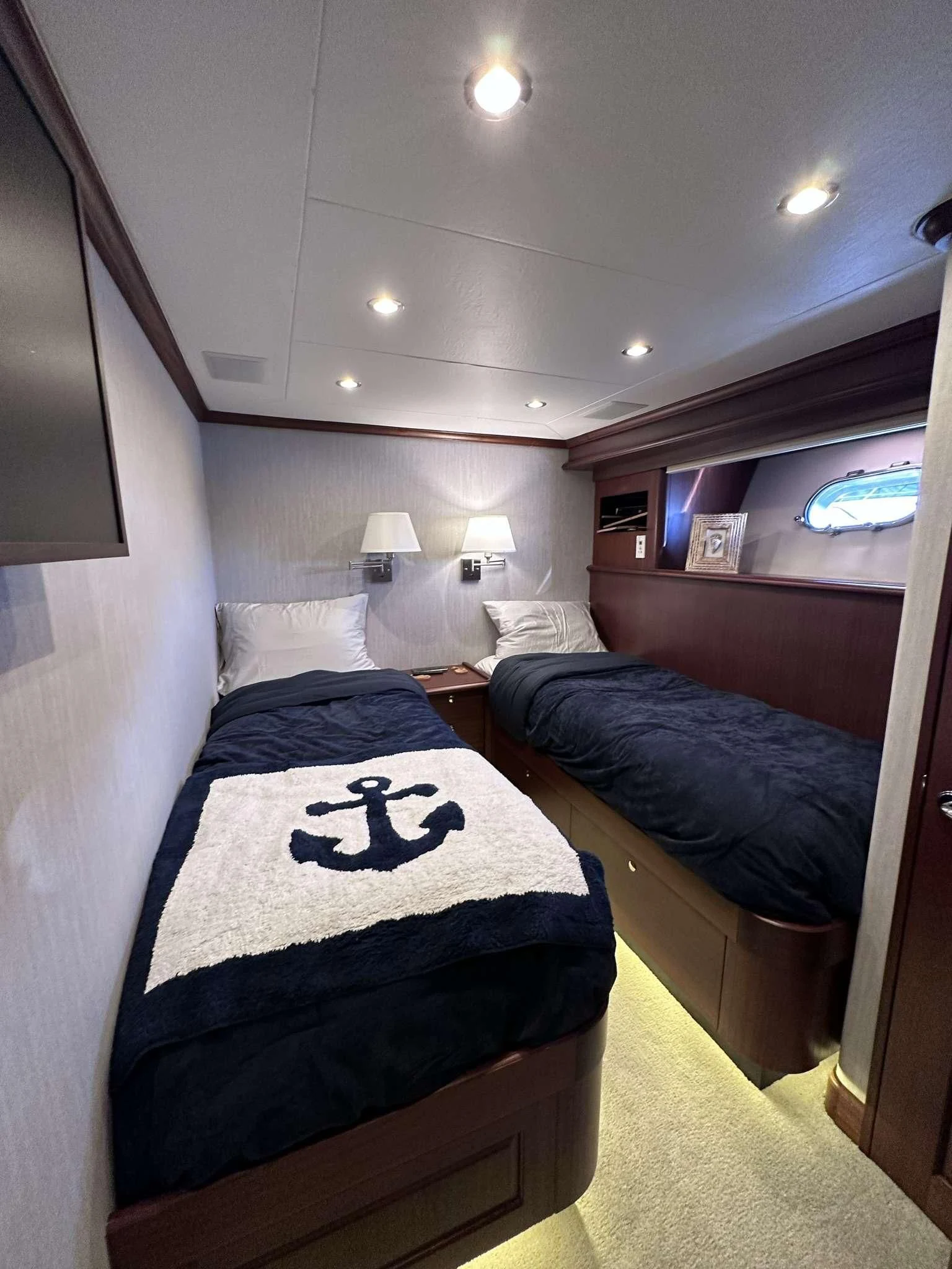 a room with two beds aboard LADY B Yacht for Sale