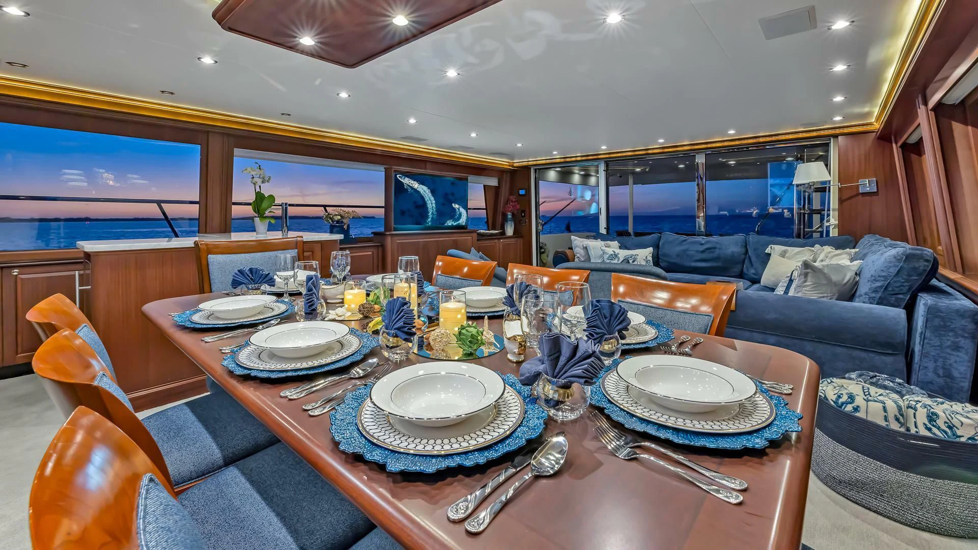 a dining table set for a dinner aboard LADY B Yacht for Sale