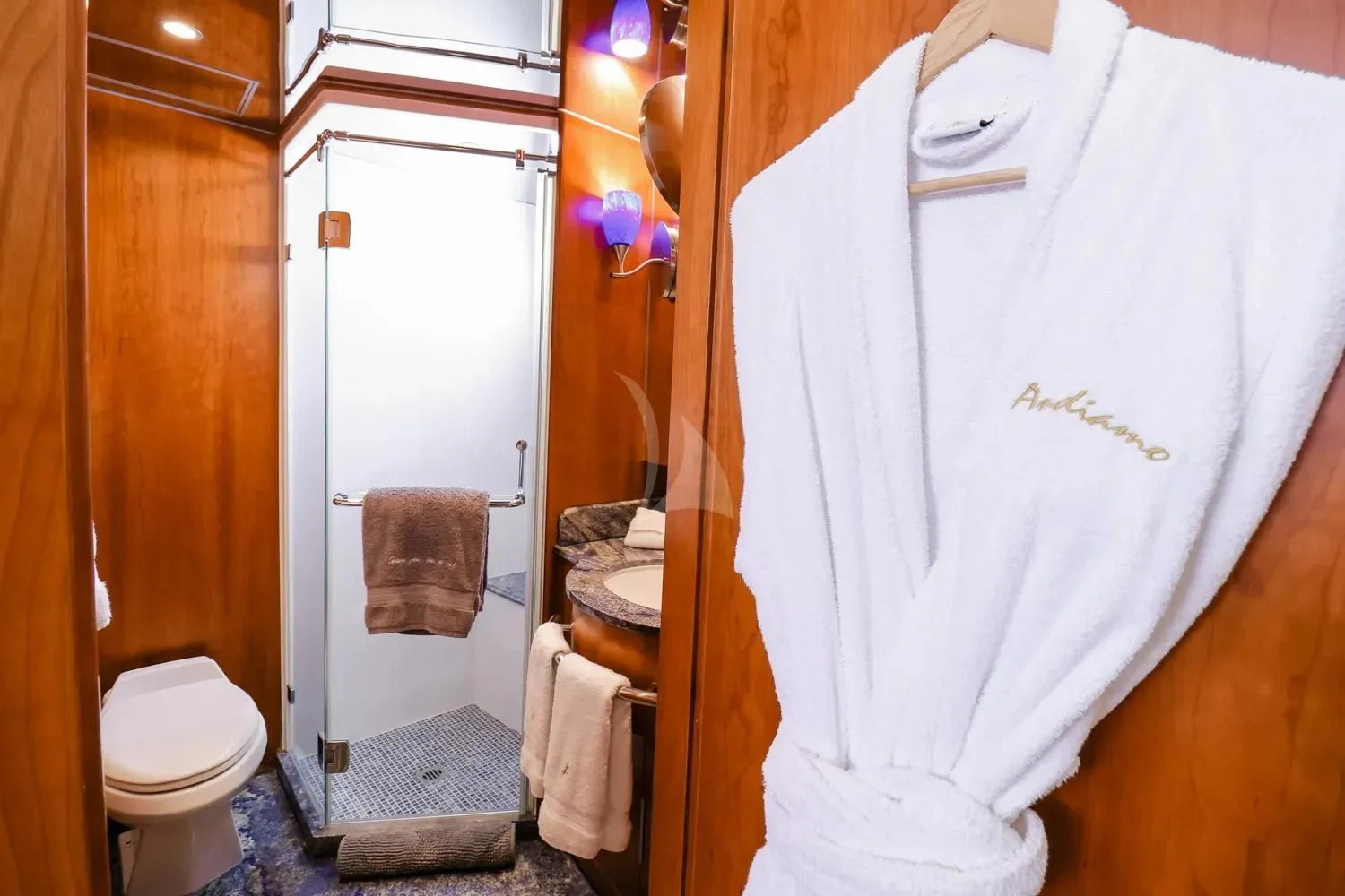 a bathroom with a toilet and a sink aboard ANDIAMO Yacht for Charter