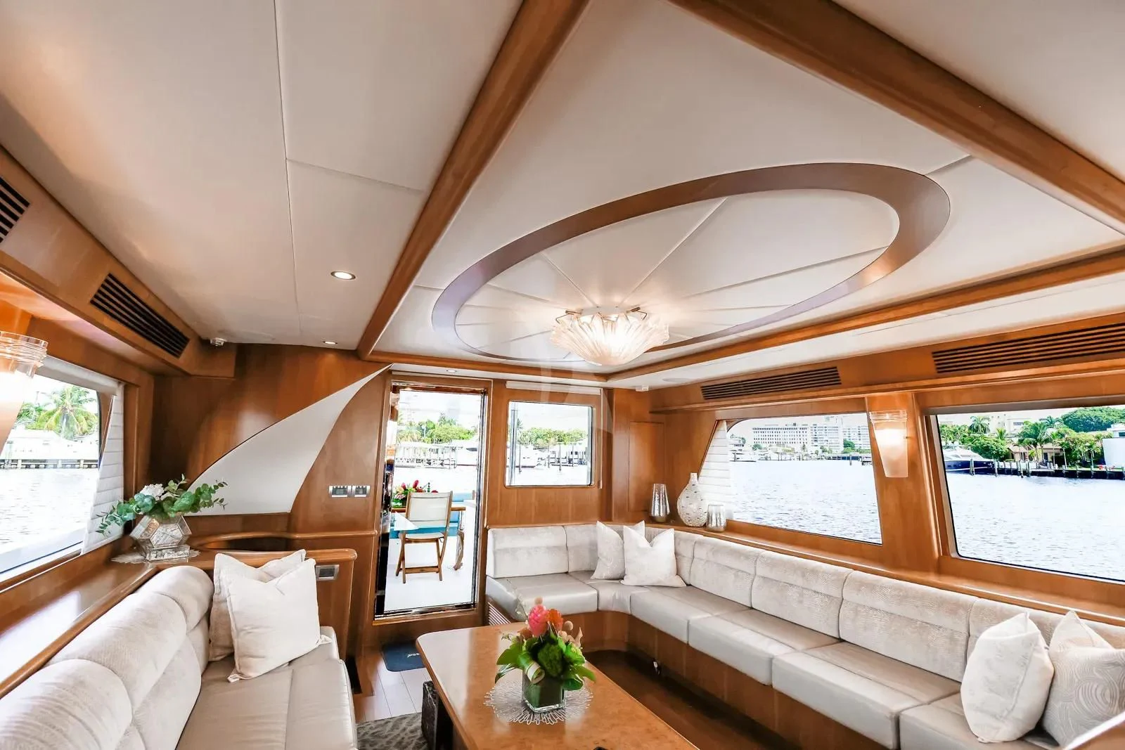 a living room with a large ceiling aboard ANDIAMO Yacht for Charter