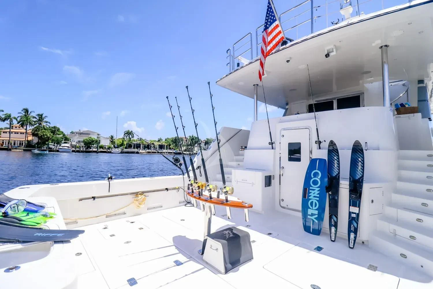 a boat with surfboards on it aboard ANDIAMO Yacht for Charter