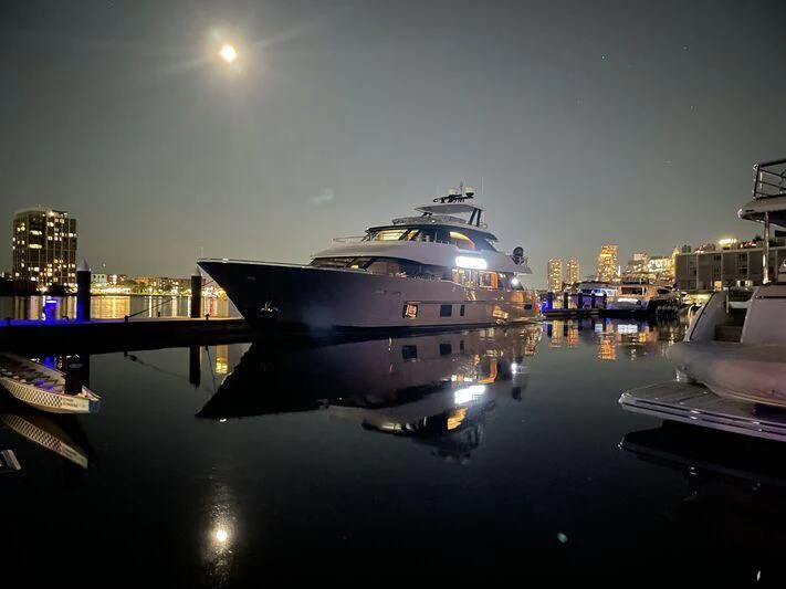 a large ship in the water aboard PATRIOT Yacht for Sale