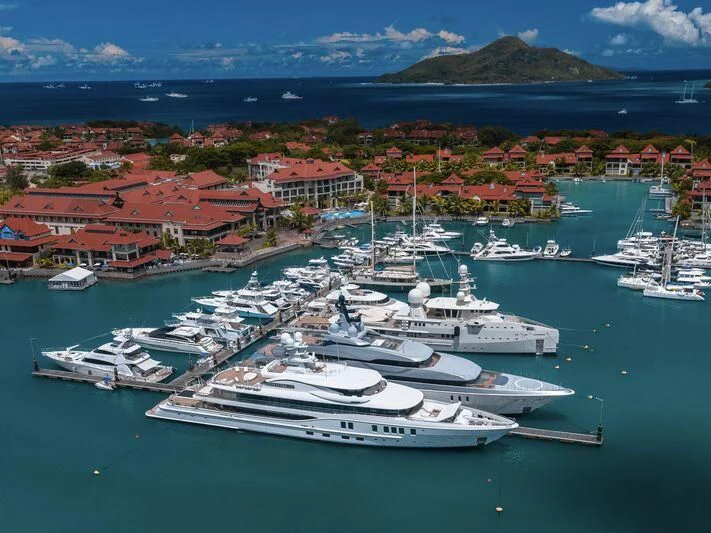 a group of boats in a harbor aboard TANGO Yacht for Sale