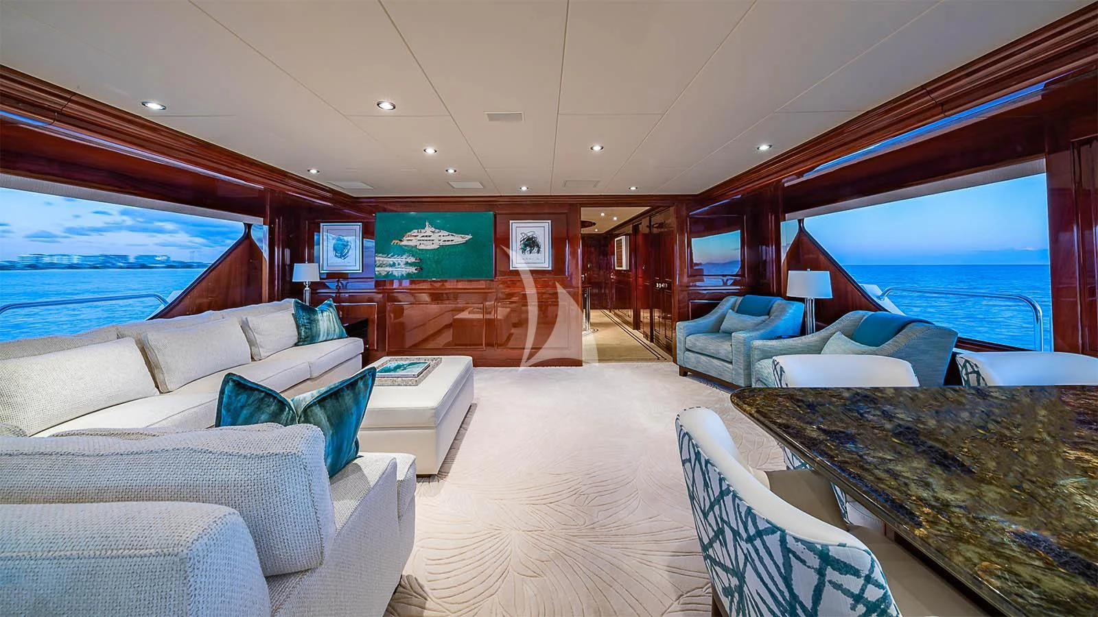 a room with a large bed and a large window aboard CARTE BLANCHE Yacht for Charter