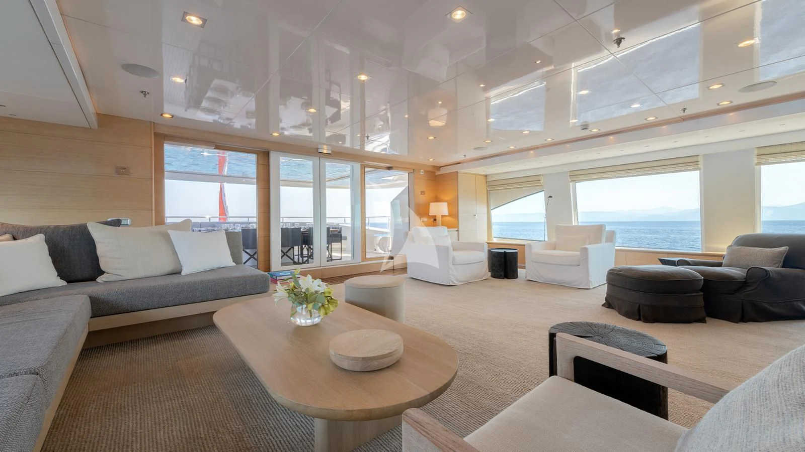a living room with a large window aboard ZIA Yacht for Sale