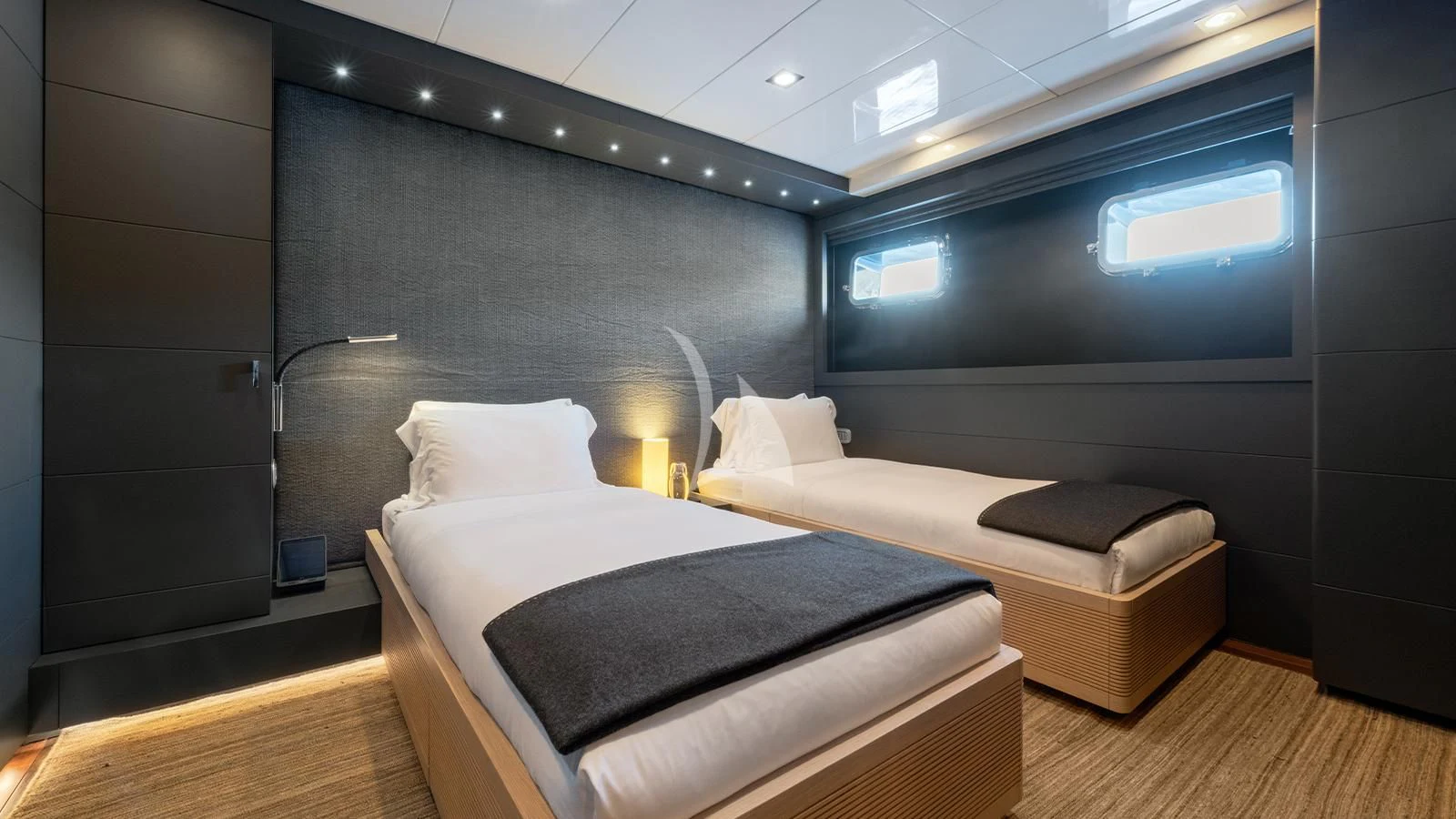 a room with two beds aboard ZIA Yacht for Sale